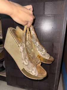 Golden Ethnic Heeled Wedges