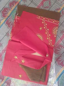 Red &amp; Gold Embroidered Fabric - Unstitched