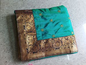 Teal Silk Saree with Gold Embroidery