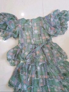 Green Floral Ruffle Sleeve Dress