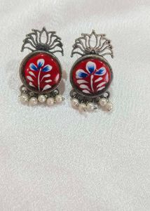 Red Floral Painted Earrings