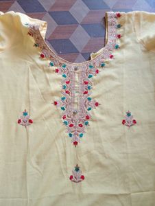 Yellow Embroidery Button Kurti