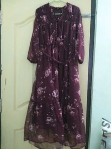Wine Color Floral Print Long Dress