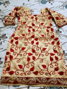 Red And Golden Net Embroidery Kurta