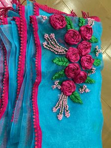 Blue Organza Saree with Floral Embroidery