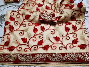 Red And Golden Net Embroidery Kurta