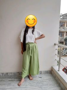 Cord Set ( White Top And Olive Green Plazzo)