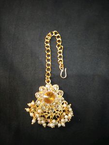 Gold Plated Bridal White Stone Earrings Maang Tika