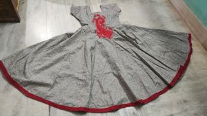 Red 🍒 &amp; Grey Heavy Flare Cotton Anarkali Dress