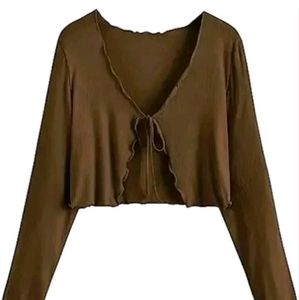 Chic Brown Tie-Front Ribbed Crop Top