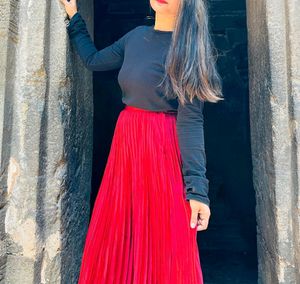 Red Accordion Pleated Satin Finish Flared Skirt