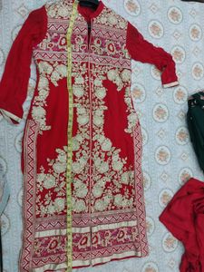 Red Embroidered Shirt With Pajami