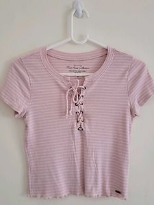 Hollister Pink Striped Lace-Up Top