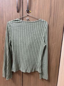 Scoop Neck Green Long Sleeve Woolen Pullover Top