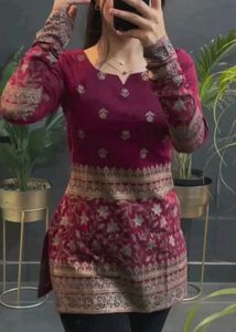 Maroon Jewish Cotton Printed Short Kurti