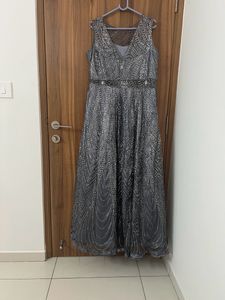 Grey Glitter Ethnic Gown With Transparent Neck