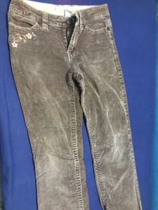 Brown Corduroy Pants with Floral Detail