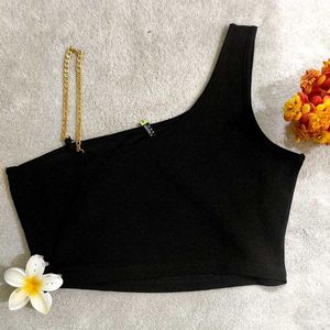 🖤 Luxe 1-Shoulder Black Crop Top+Goldchain Accent