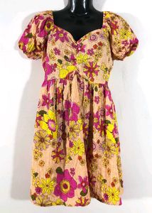 A Line Multicolour Dress With Puff Sleeves
