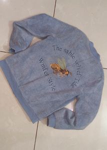 Denim Blue Color Woolen Jacket With Fur Look