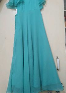 Flowy Aqua Off-Shoulder Ruffle Maxi Dress