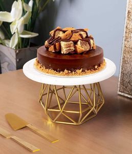 Geometric Metal Cake Stand, White Round top