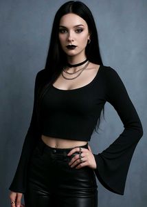 Square Neck Bell Sleeve Sinched Waist Black top