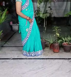 Teal Blue Sari with Embellishments