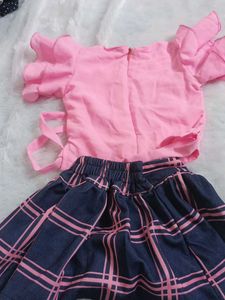 Pink Bird Top &amp; Plaid Skirt Set