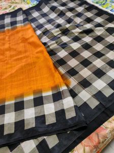 Checkered Saree With Orange Accent