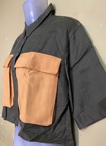 Olive High Low Shirt With Big Pockets