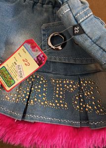Denim Skirt with Pink Fur Trim