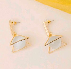 Gold Toned White Pearl Wrapped Pyramid Earings