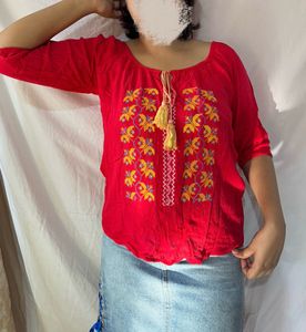 Red Embroidered Top