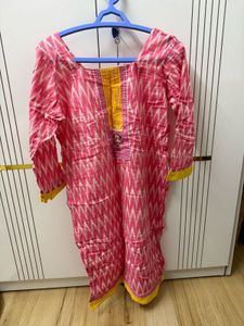 Pink Yellow Cotton Dress With Dupatta
