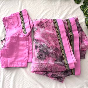 Pink & Black Printed Saree & Blouse Set (Women)