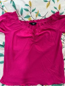 Ribbed Pink Ruched V-Neck Top