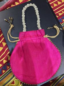 Hot Pink Potli Bag With Pearl Handle