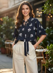 Elegant Floral Print Tie Neck Top