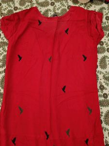 Red Bird Print Button-Down Dress
