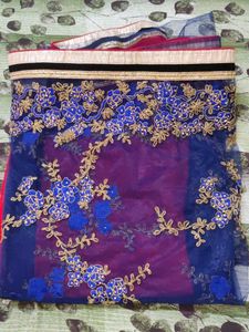 Embroidered Navy Blue And Red Net Saree 💙❤️