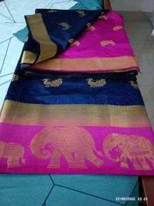 pink &amp; navy blue silk saree with brocade