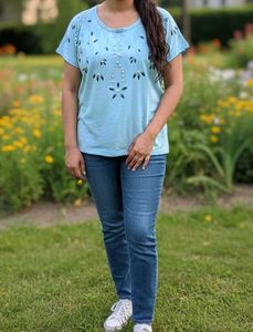 Blue Floral Embellished T-Shirt