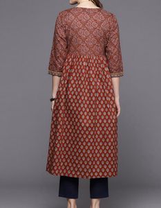 Rust Red Ethnic Printed A-Line Kurti