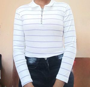 Striped Long Sleeve Polo Top