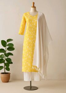 Yellow Printed Kurta with Pure White Dupatta-New