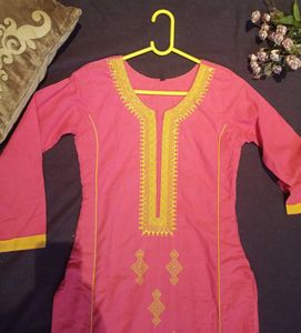 Women Pink Cotton Sequence Embroidered Kurti-S