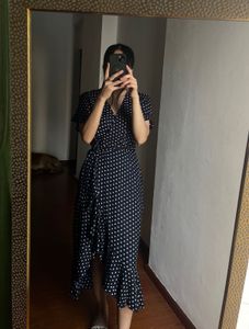 V-neck Blue Dot Wrap Cotton MIDI Dress