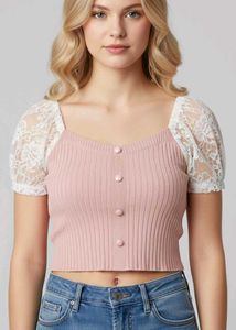 Lace Sleeve aesthetic Ribbed Knit Top🩷