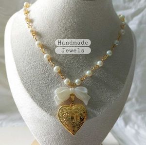 Anime Style Heart Locket Pearl Bow Necklace